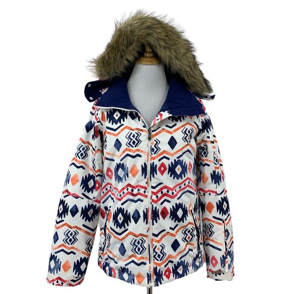 Roxy Jacket Girls XL Womens XS Aztec Insulated Snow Detachable Faux Fur Hoodie - Picture 1 of 16
